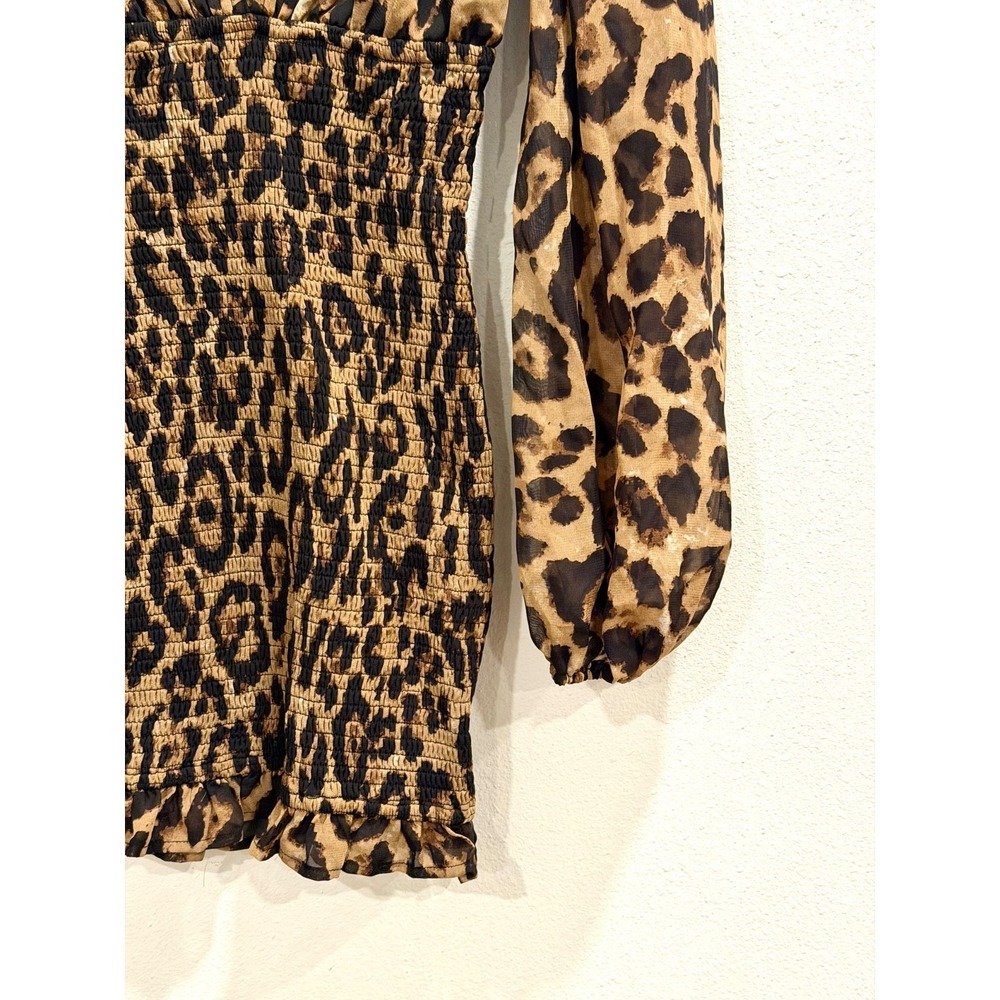 Fashion Nova Leopard Print Smocked Mini Dress XS Long Sleeve V Neck Ruched Waist - Picture 5 of 7